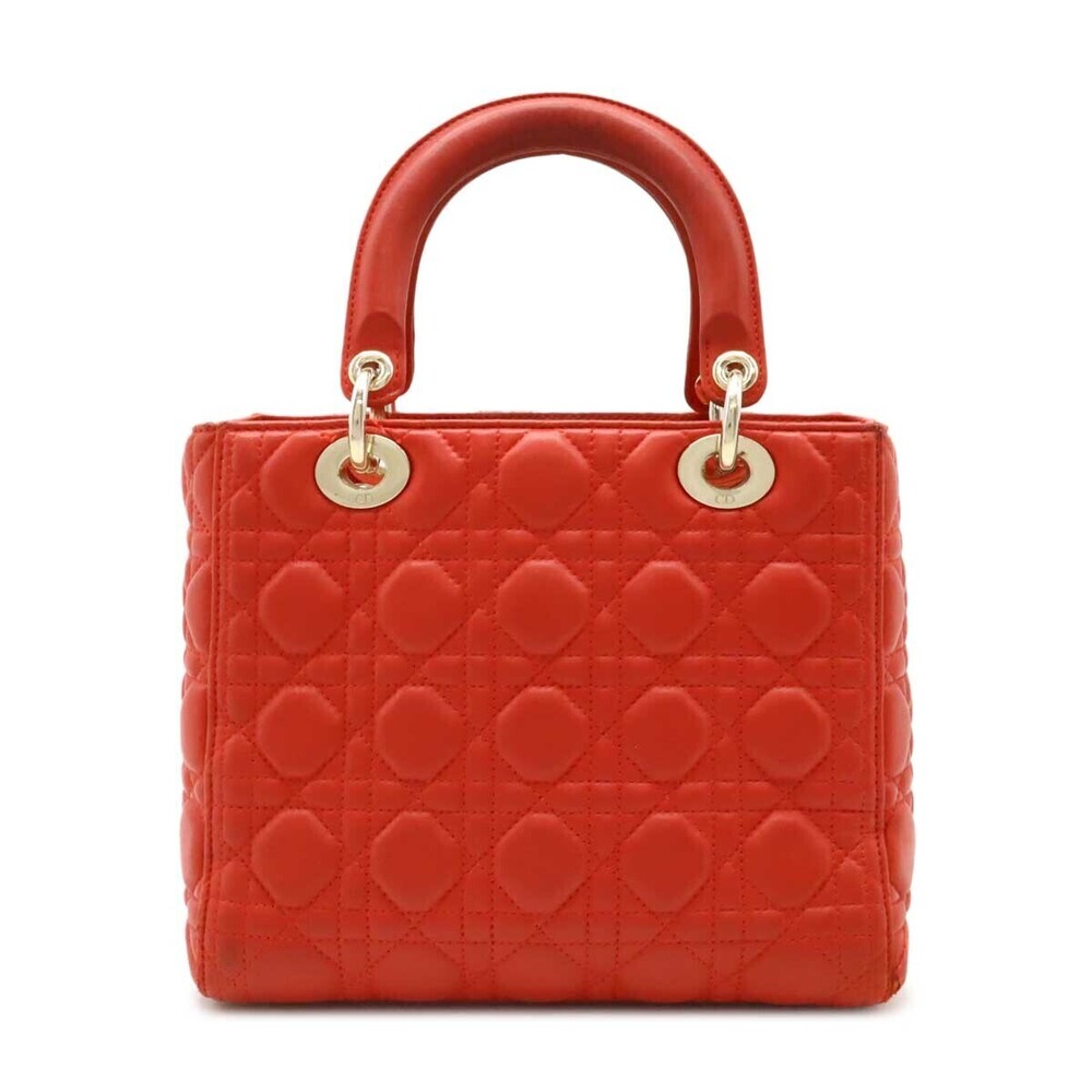 Christian Dior Lady Cannage Handbag Tote Bag Leather Red